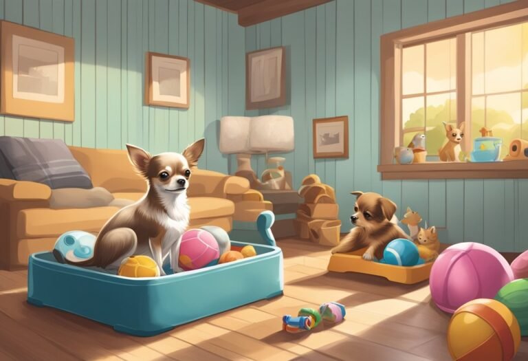 Chihuahua in a cozy bed with toys