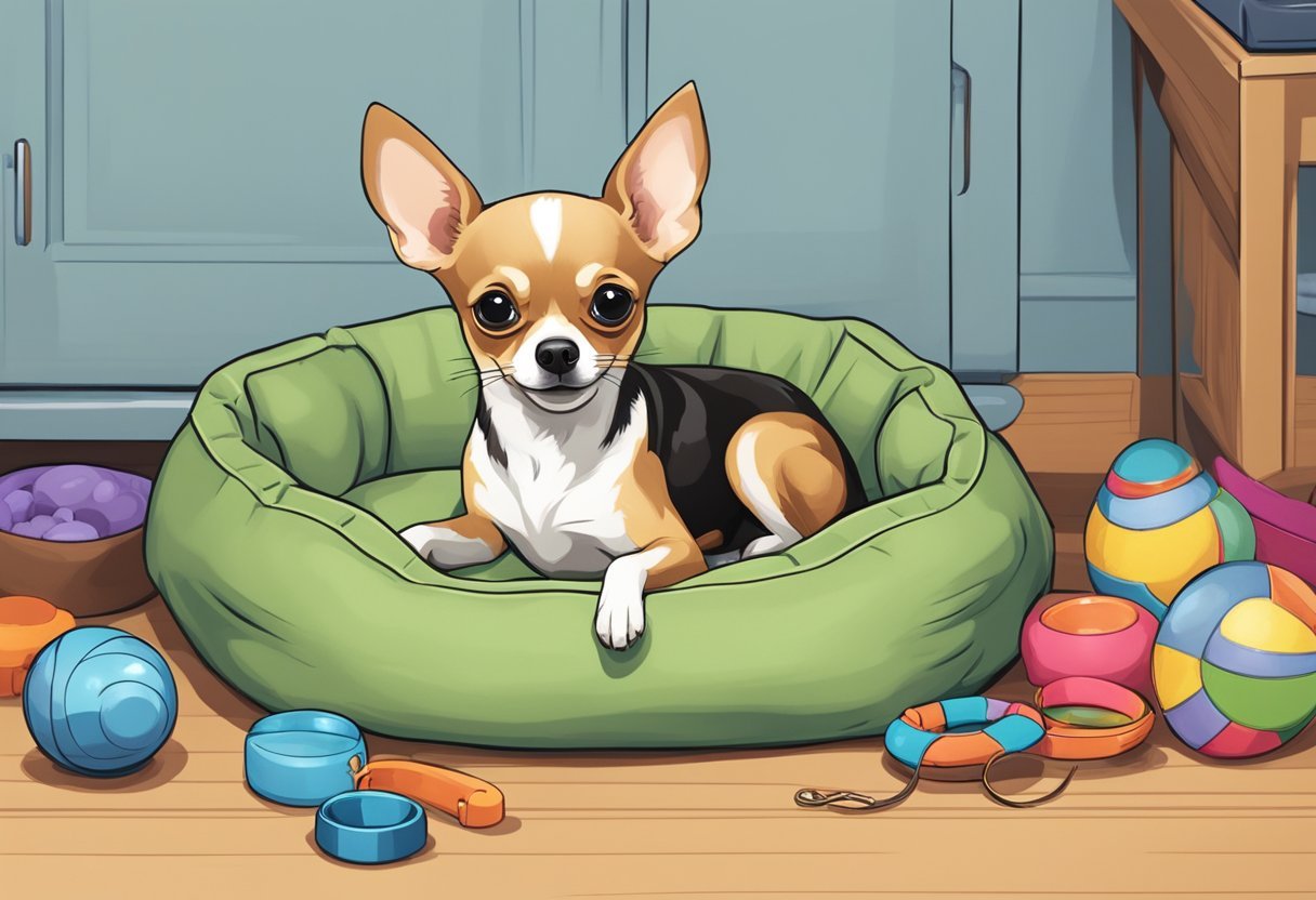 A Chihuahua sitting next to a cozy dog bed, surrounded by toys and a bowl of water, with a leash and collar nearby