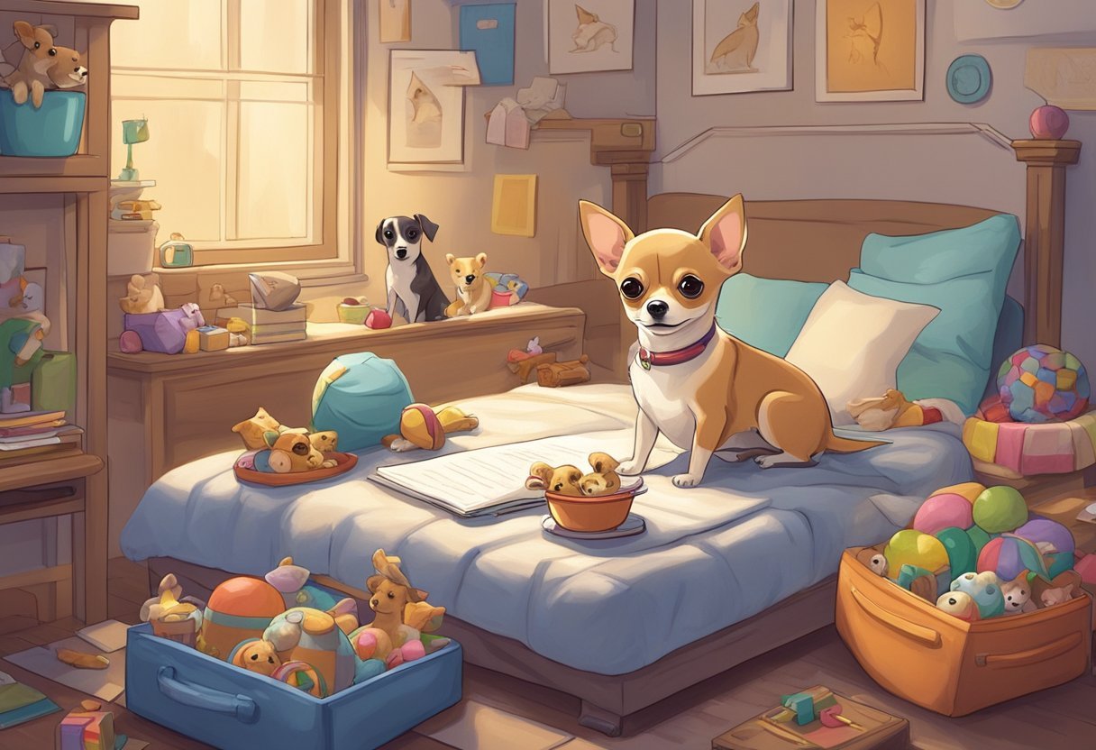 A Chihuahua eagerly awaits in a cozy bed, surrounded by toys and treats. A family is seen filling out paperwork and discussing adoption details with a shelter worker