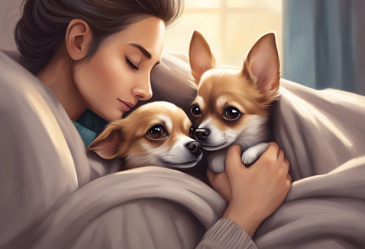 A Chihuahua curls up on a cozy blanket, nestled in the arms of its owner. The owner gazes lovingly at the tiny dog, their bond evident in the tender moment