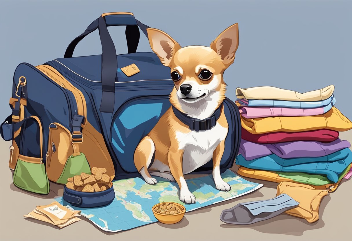 A Chihuahua sits in a travel carrier surrounded by a pile of neatly folded clothes, a leash, a collapsible water bowl, and a bag of dog treats. A map and guidebook lay nearby