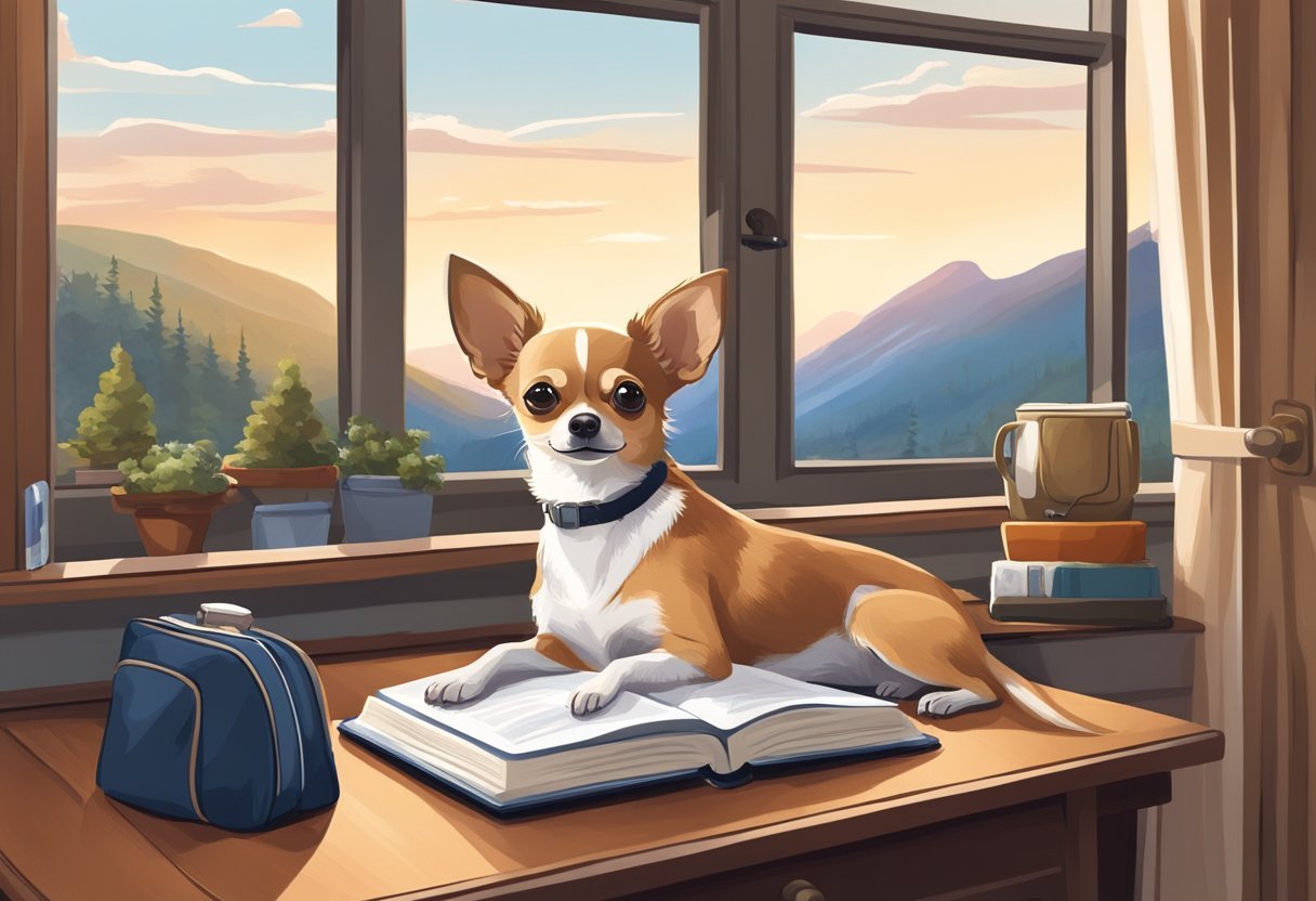 A Chihuahua sits in a cozy pet-friendly hotel room, surrounded by travel essentials and a guidebook. The window overlooks a scenic view, creating a peaceful atmosphere for the journey ahead