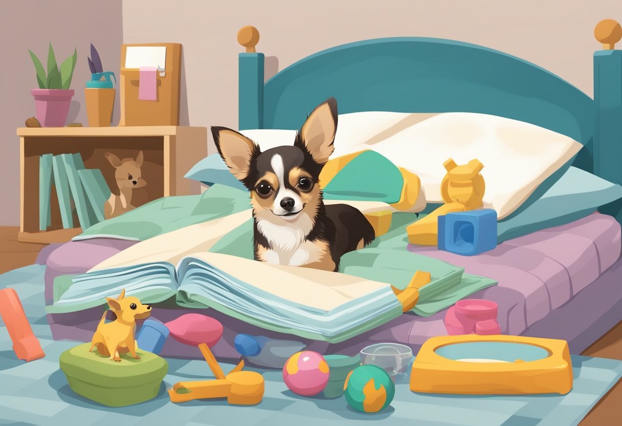 A Chihuahua sits on a cozy bed, surrounded by toys and a water bowl. A veterinarian's pamphlet on Chihuahua care is nearby