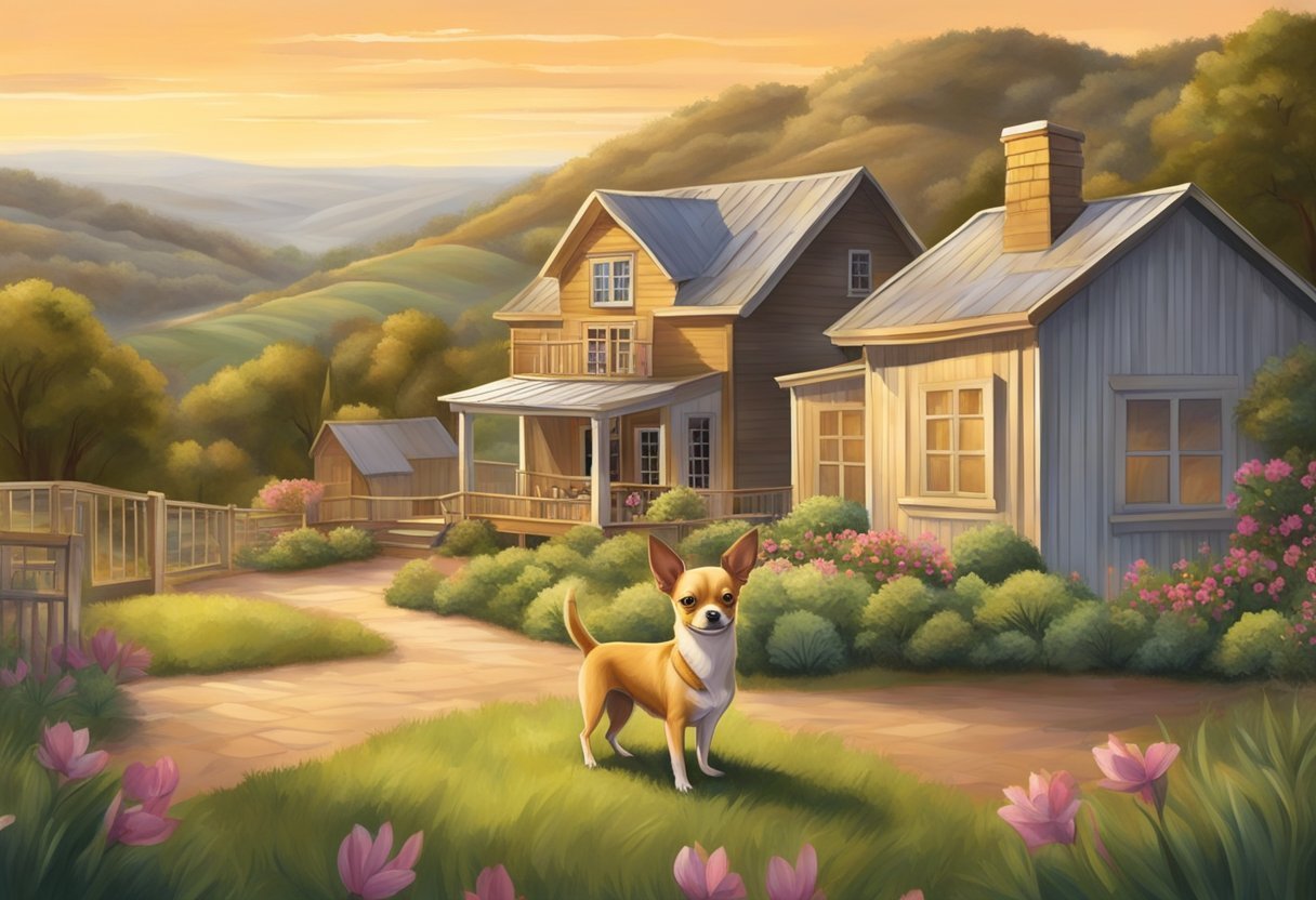 A Chihuahua breeder and rescue in Texas, surrounded by a picturesque landscape with rolling hills and a warm, inviting atmosphere