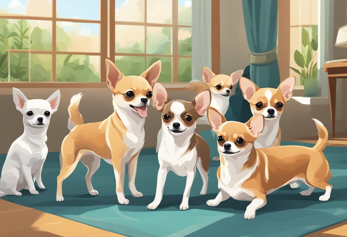 A group of Chihuahuas playfully interact in a spacious, clean and well-maintained environment, showcasing their unique personalities and features